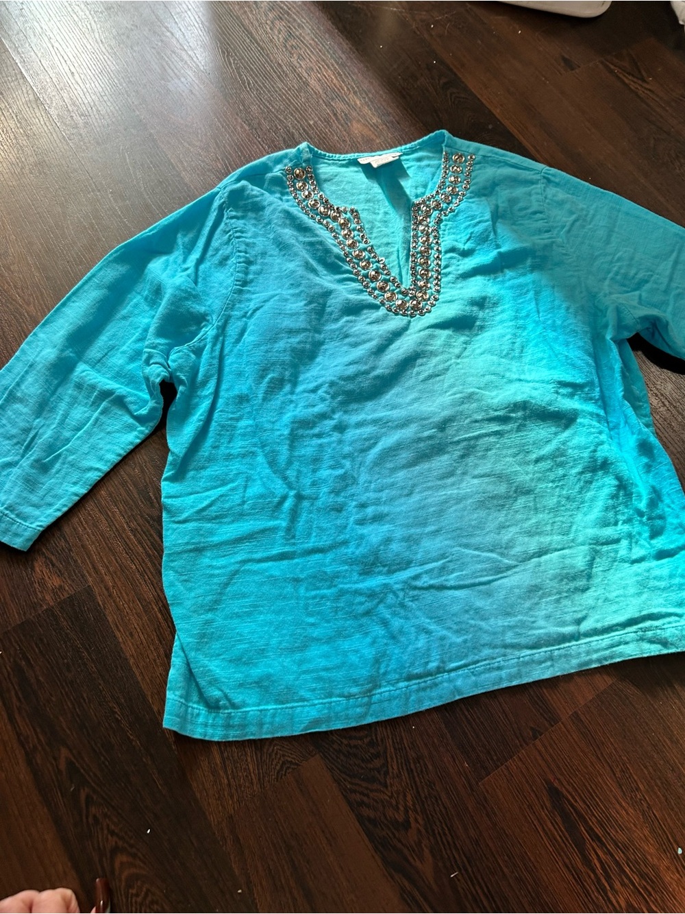 Rebecca Malone Turquoise Embellished V-Neck Top